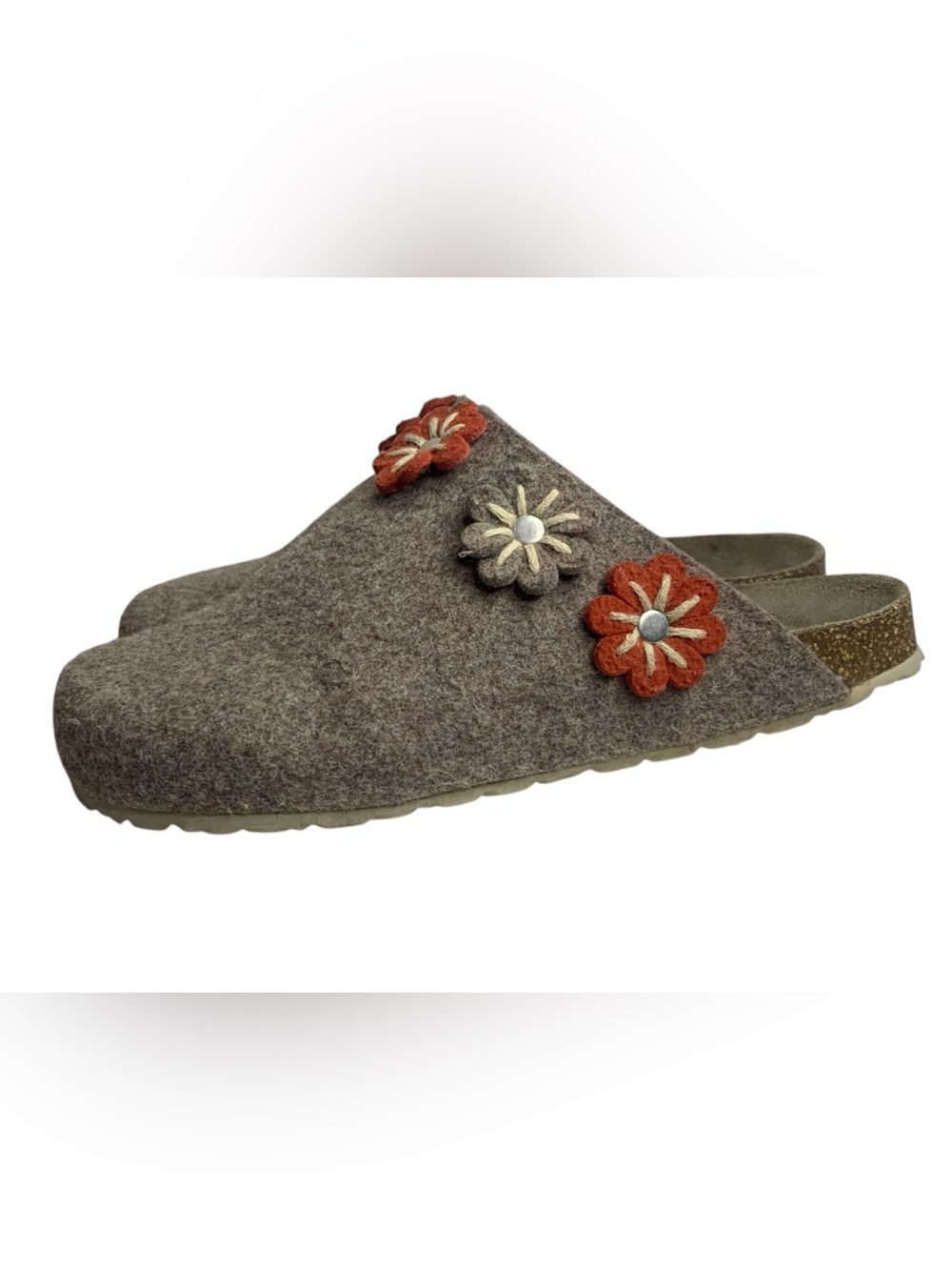 Autenti by Penti Taupe Wool Clogs Floral Appliqués Sz 9.5/10